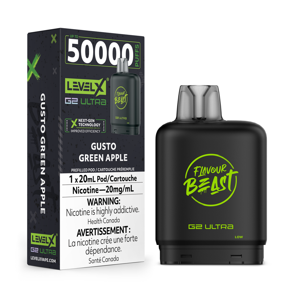 Flavour Beast Level X G2 Ultra 50K Pod with box - Gusto Green Apple